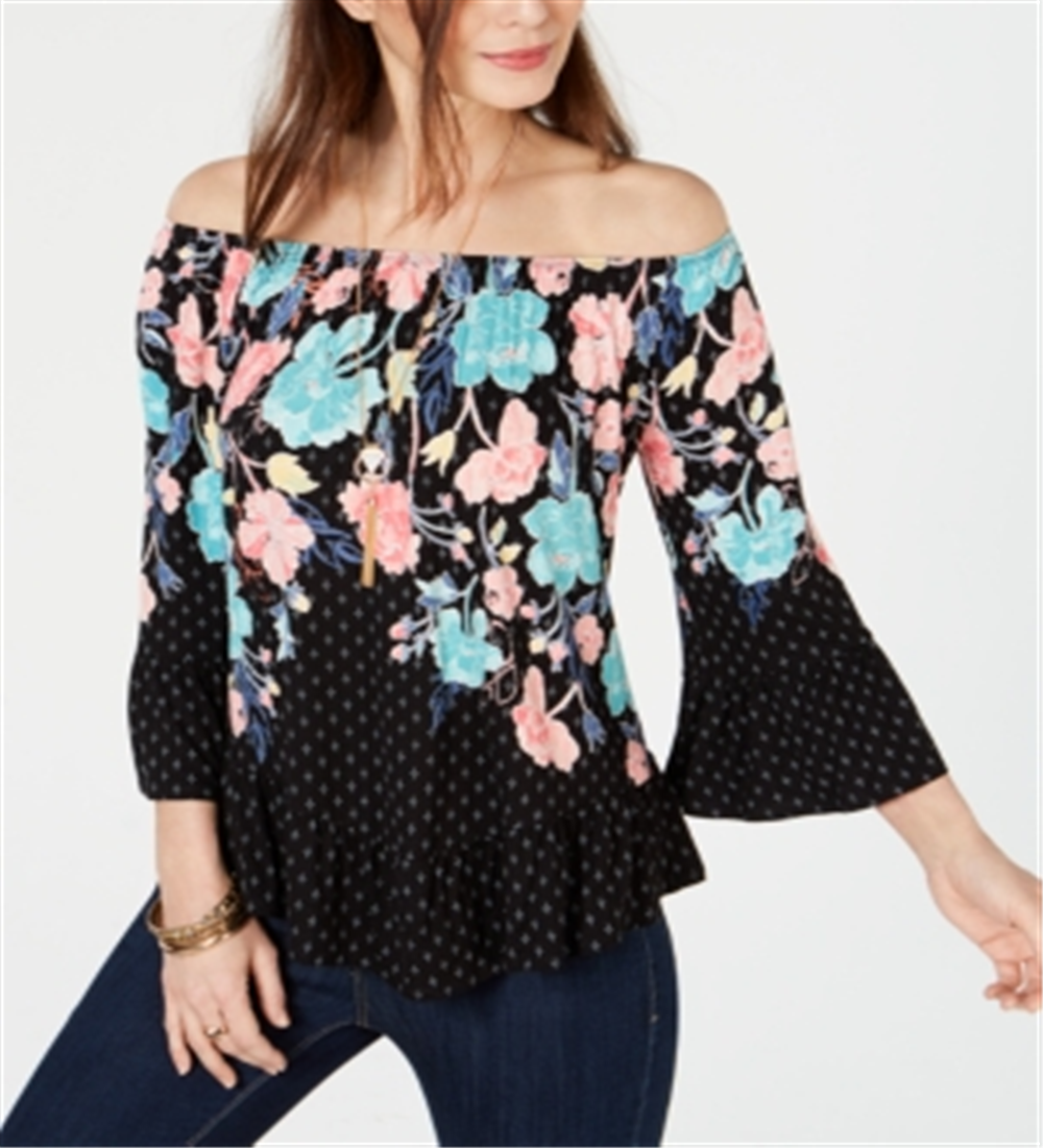 Style & Co Women's Printed Off the Shoulder Top Black Size XX-Large