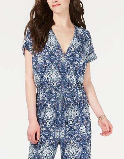 Style & Co Women's V Neck Printed Knit Jumpsuit Blue Size Small
