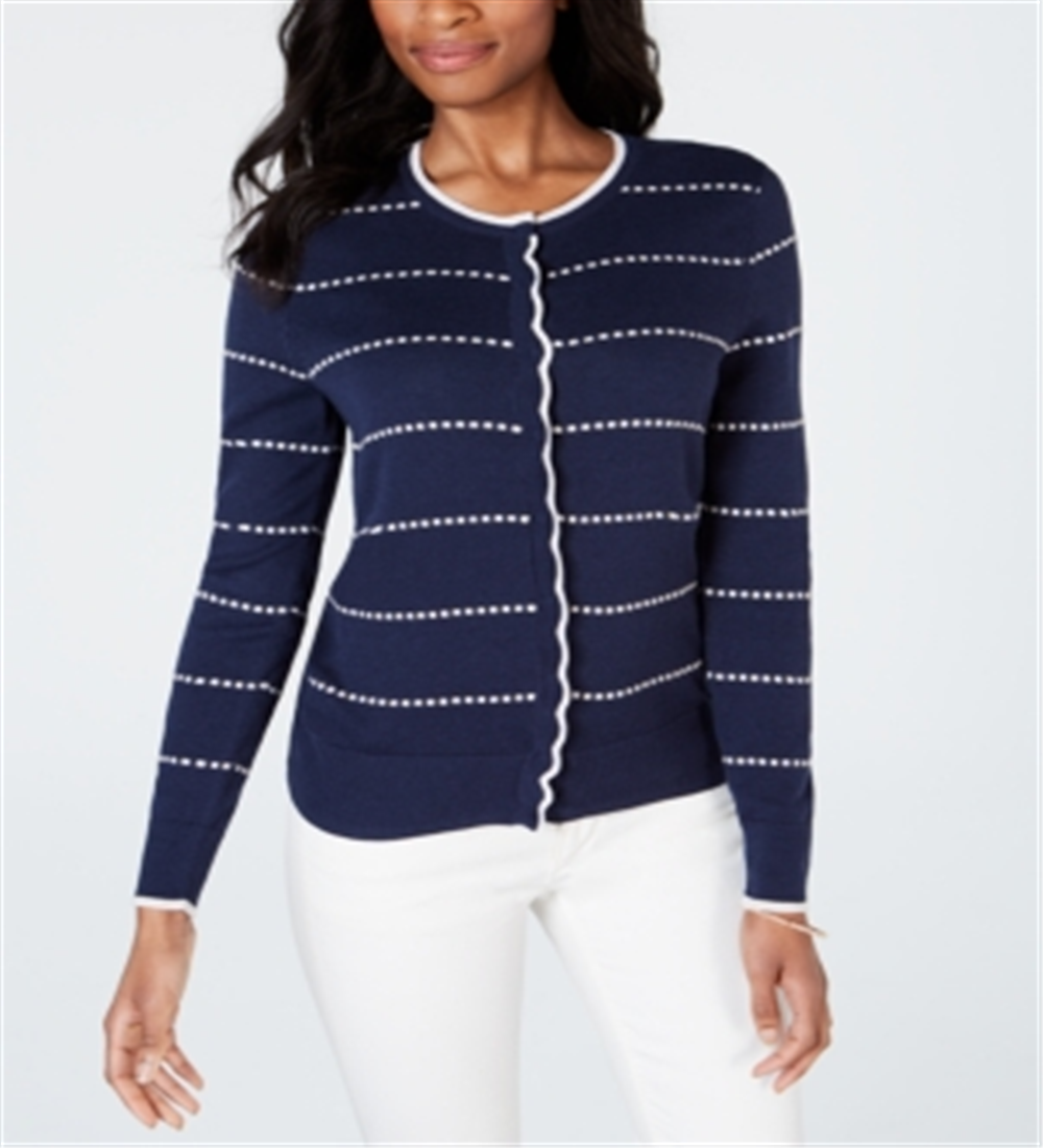 Charter Club Women's Printed Button Down Cardigan Stripe Blue Size Medium