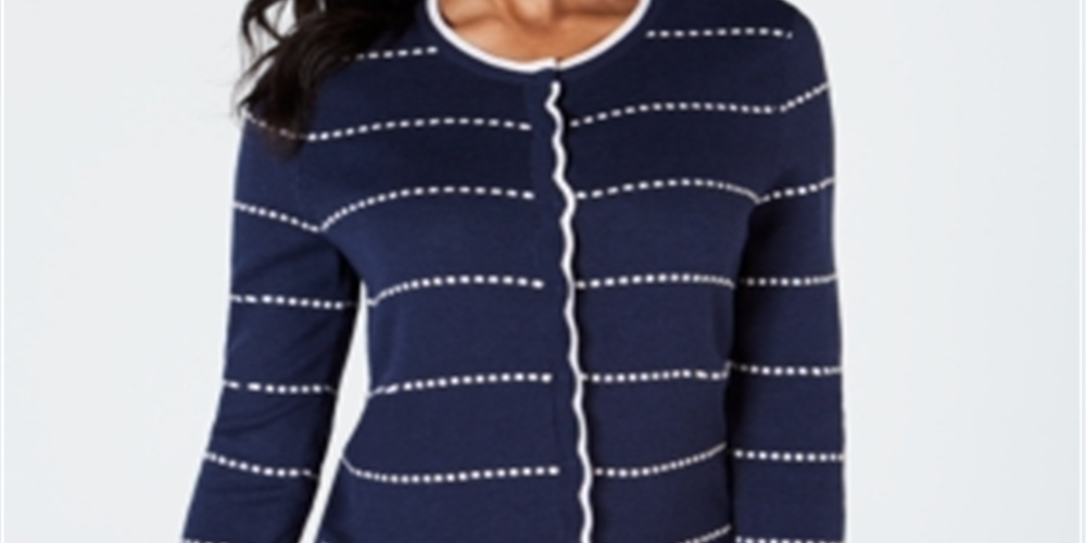 Charter Club Women's Printed Button Down Cardigan Stripe Blue Size Medium