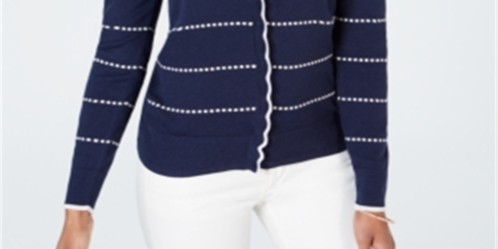 Charter Club Women's Printed Button Down Cardigan Stripe Blue Size Medium