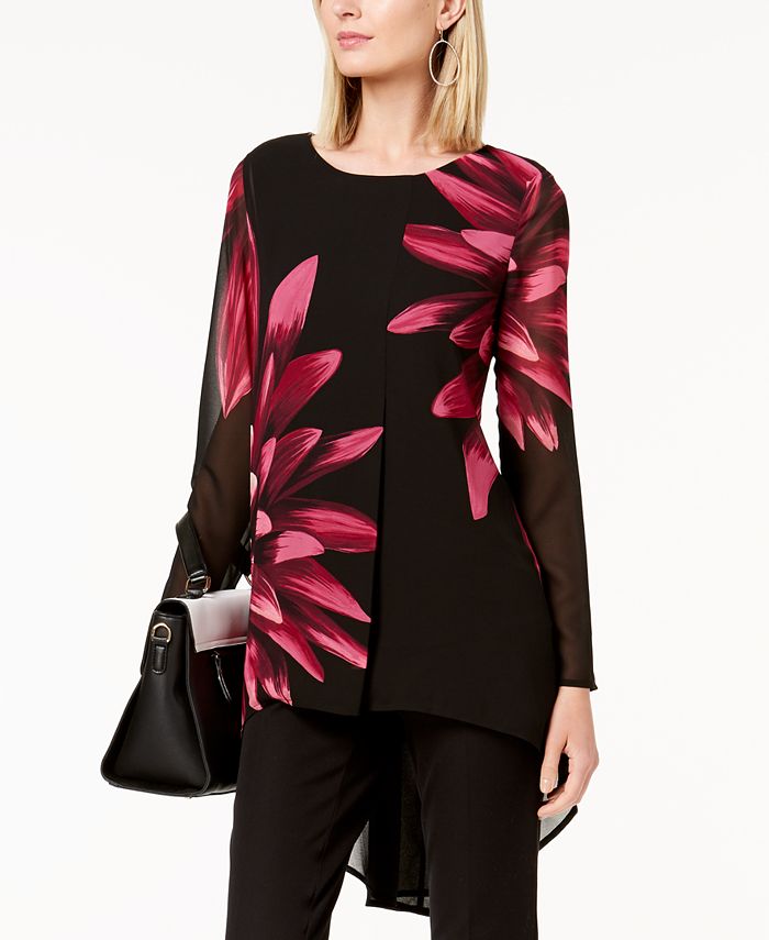 Alfani Women's Floral Print High Low Tunic Black Size Petite S/M