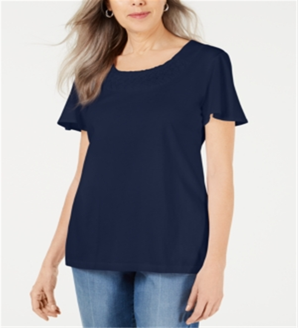Karen Scott Women's Braided Neck T-Shirt Blue Size X-Small