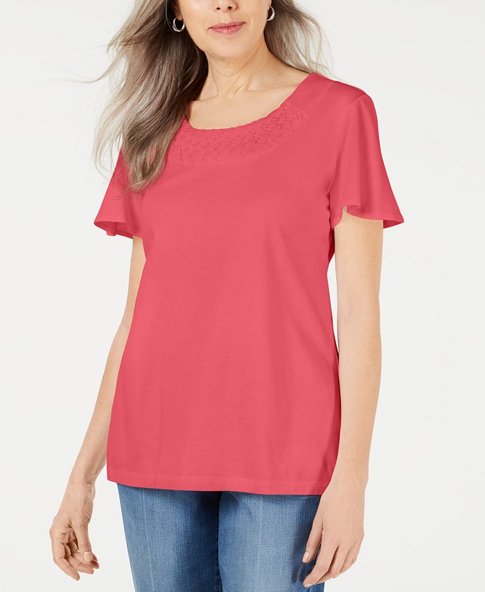 Karen Scott Women's Braided Neck T-Shirt Coral- Size Medium