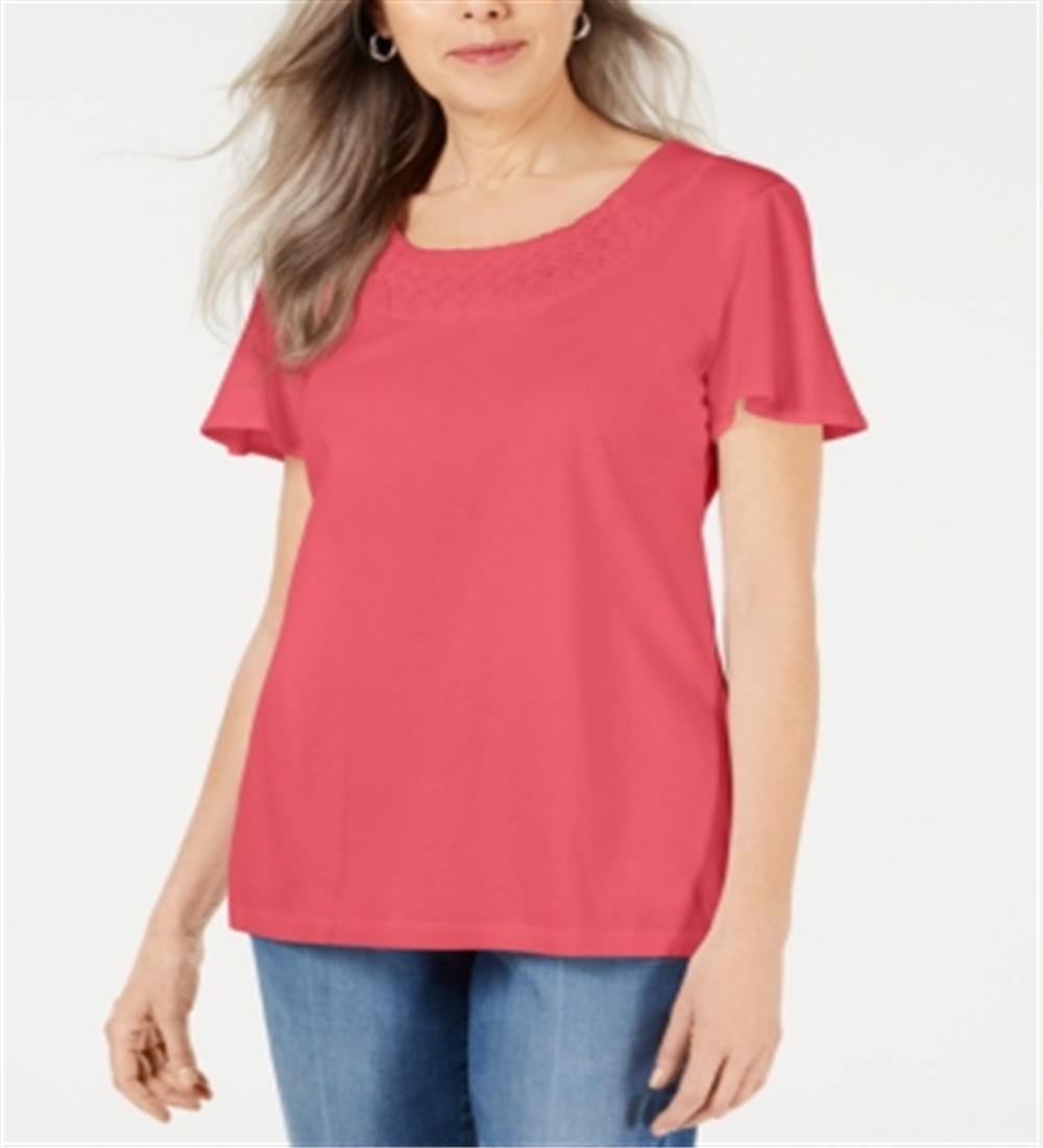 Karen Scott Women's Braided Neck T-Shirt Coral- Size Medium