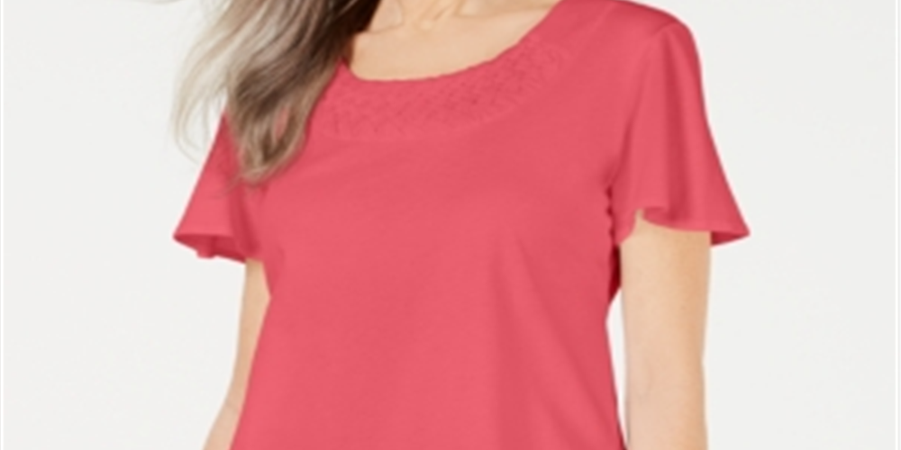 Karen Scott Women's Braided Neck T-Shirt Coral- Size Medium