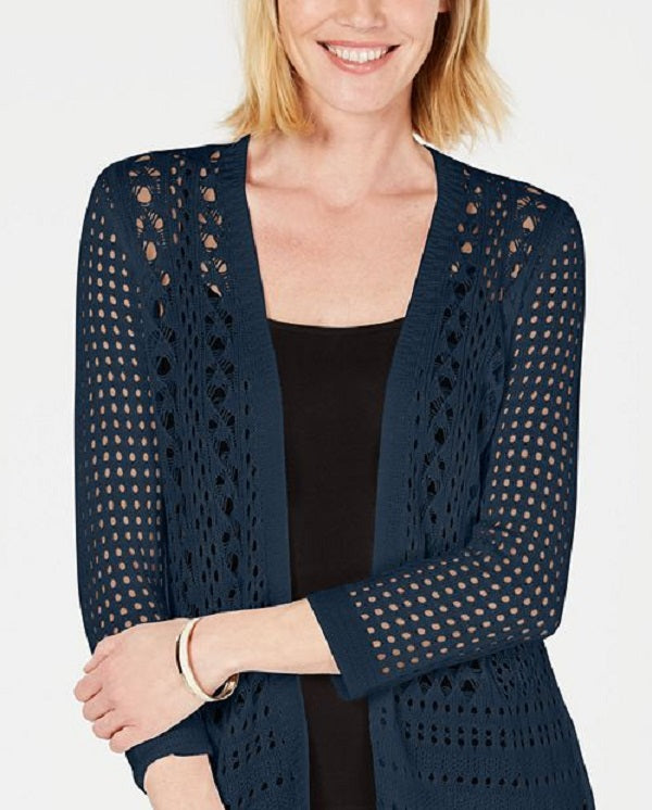 Charter Club Women's Open Stitch Cardigan Completer Sweater Blue Size M