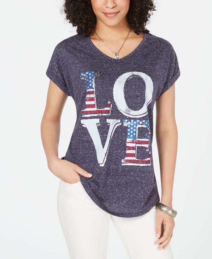 Style & Co Women's Heather Printed Short Sleeve V Neck T-Shirt Top Blue Size Small