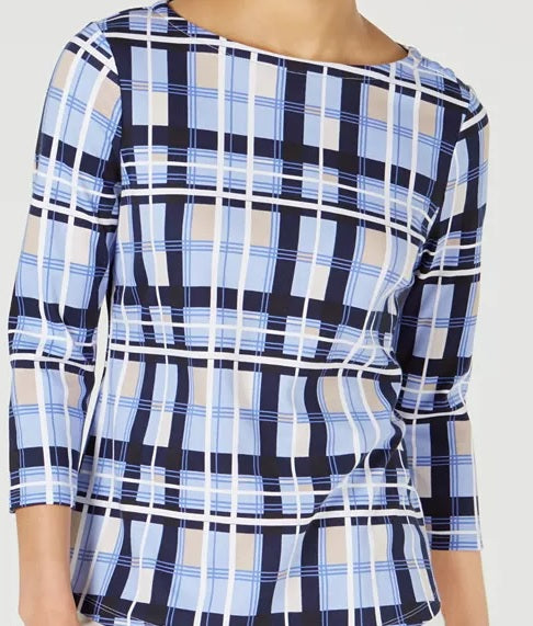 Charter Club Women's Cotton Plaid Boat Neck Top Blue Size Petite Small