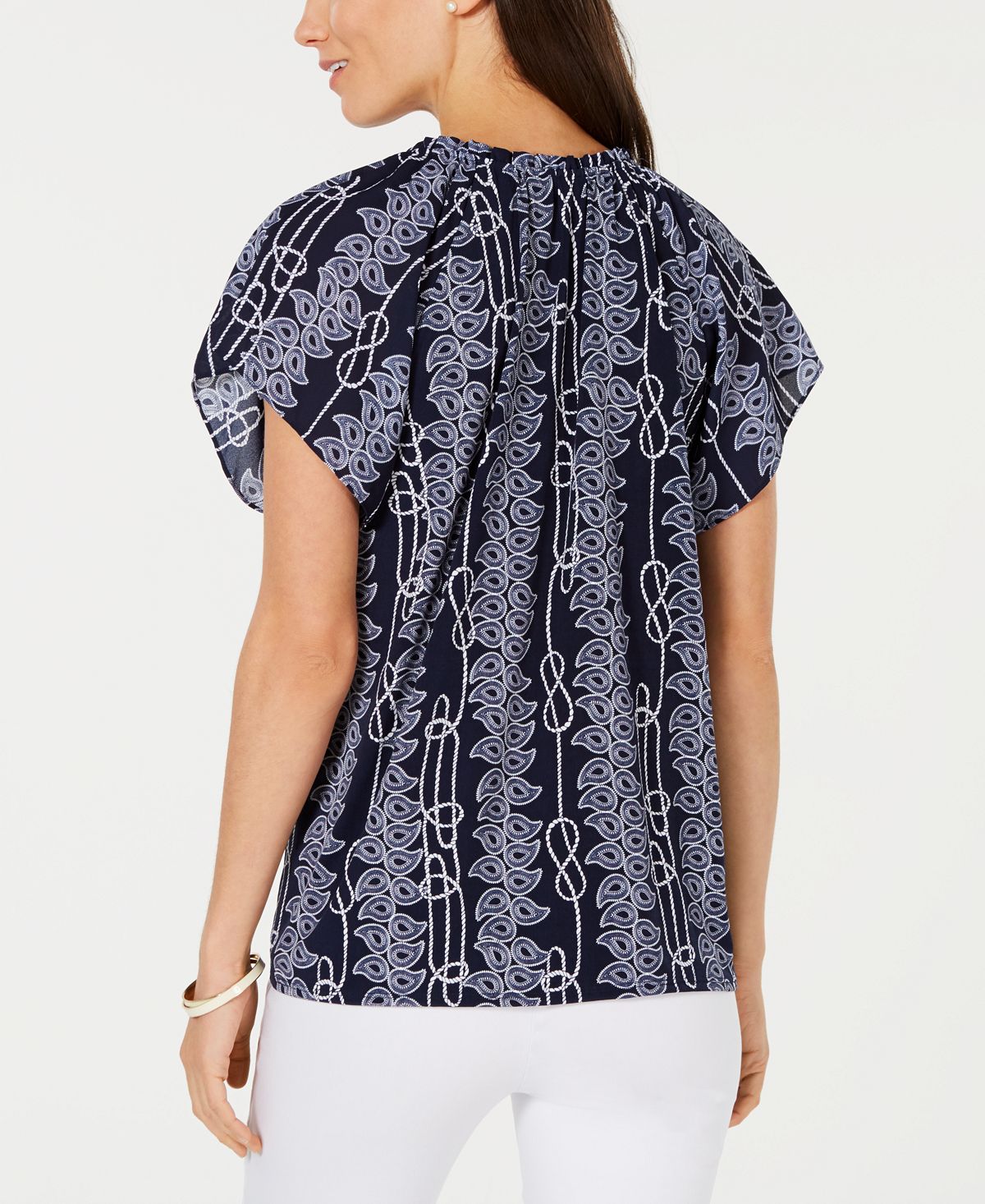 Charter Club Women's Printed Tassel Tie Top Blue Size Small