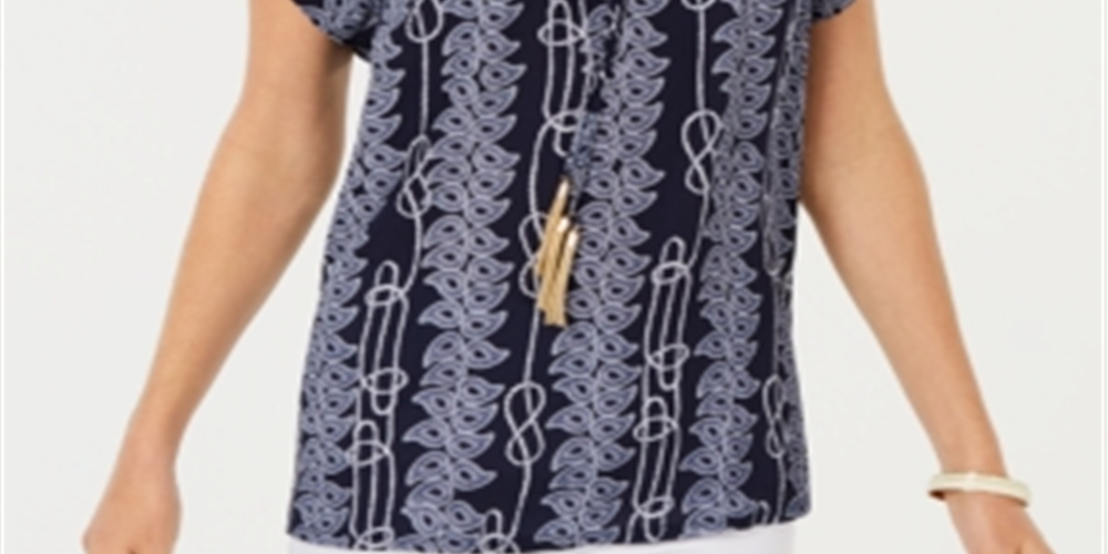 Charter Club Women's Printed Tassel Tie Top Blue Size Small
