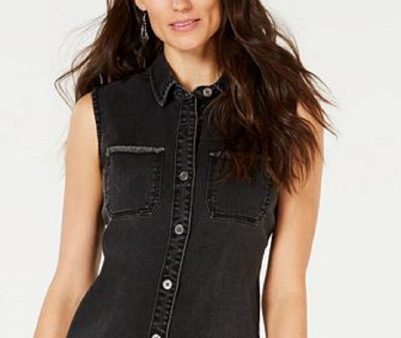 Style & Co Women's Denim Pocketed Sleeveless Collared Short Shirt Dress Black Size 16