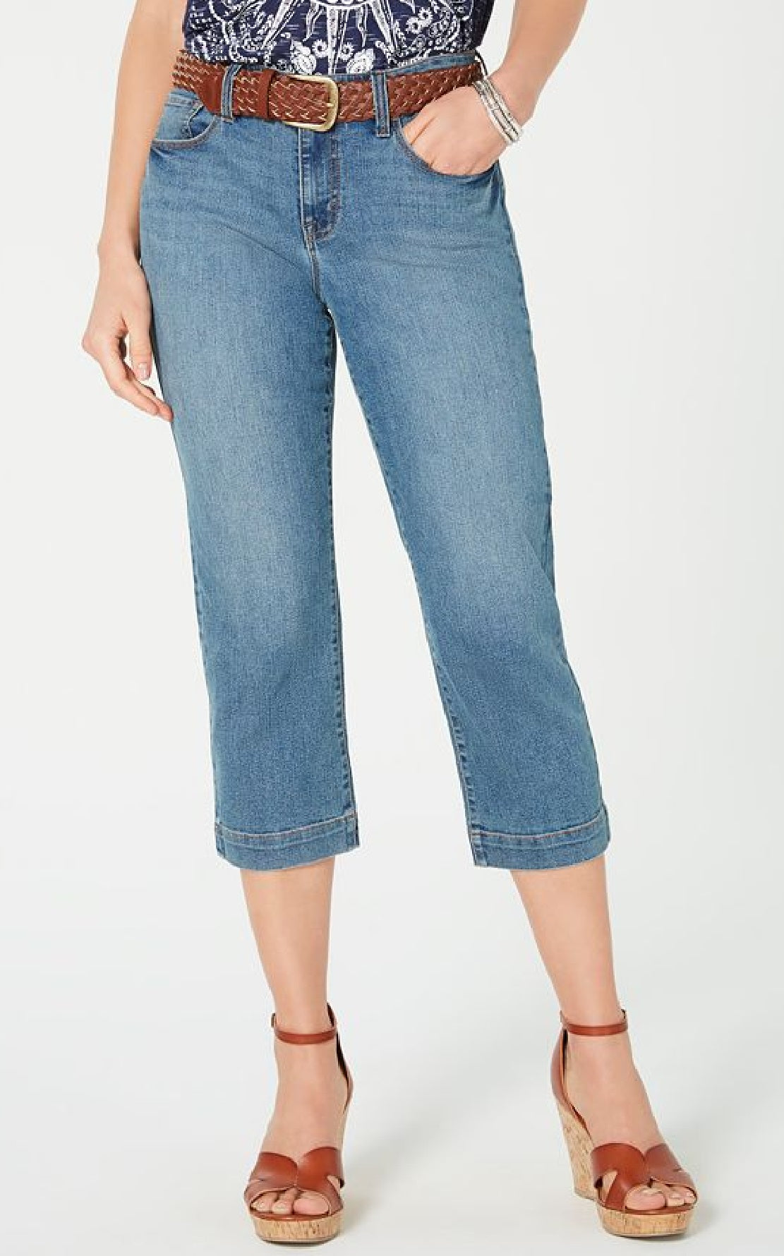 Style & Co Women's Belted Denim Capri Pants Blue Size 10