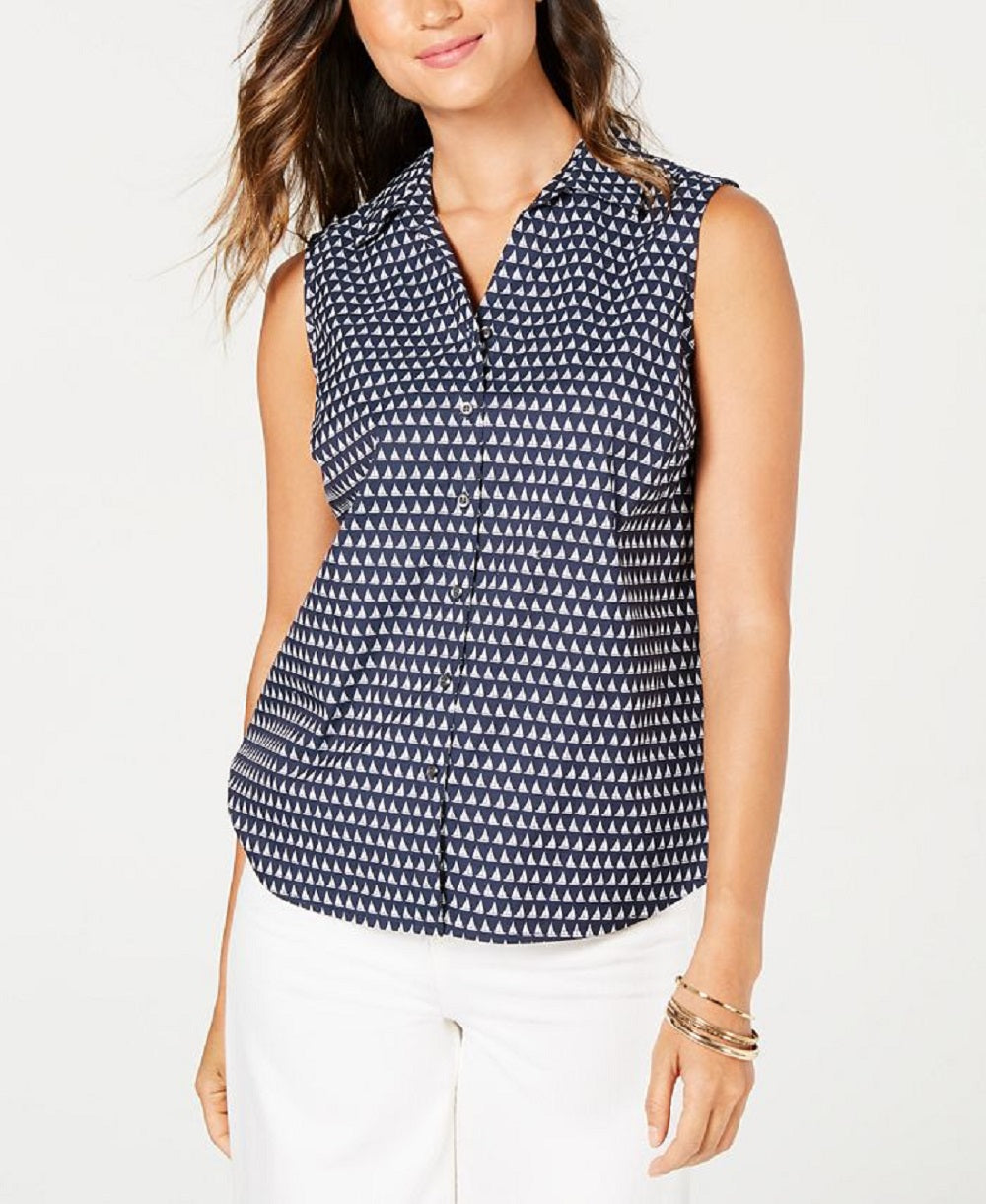 Charter Club Women's Sleeveless Sailboat Print Blouse Blue Size 16