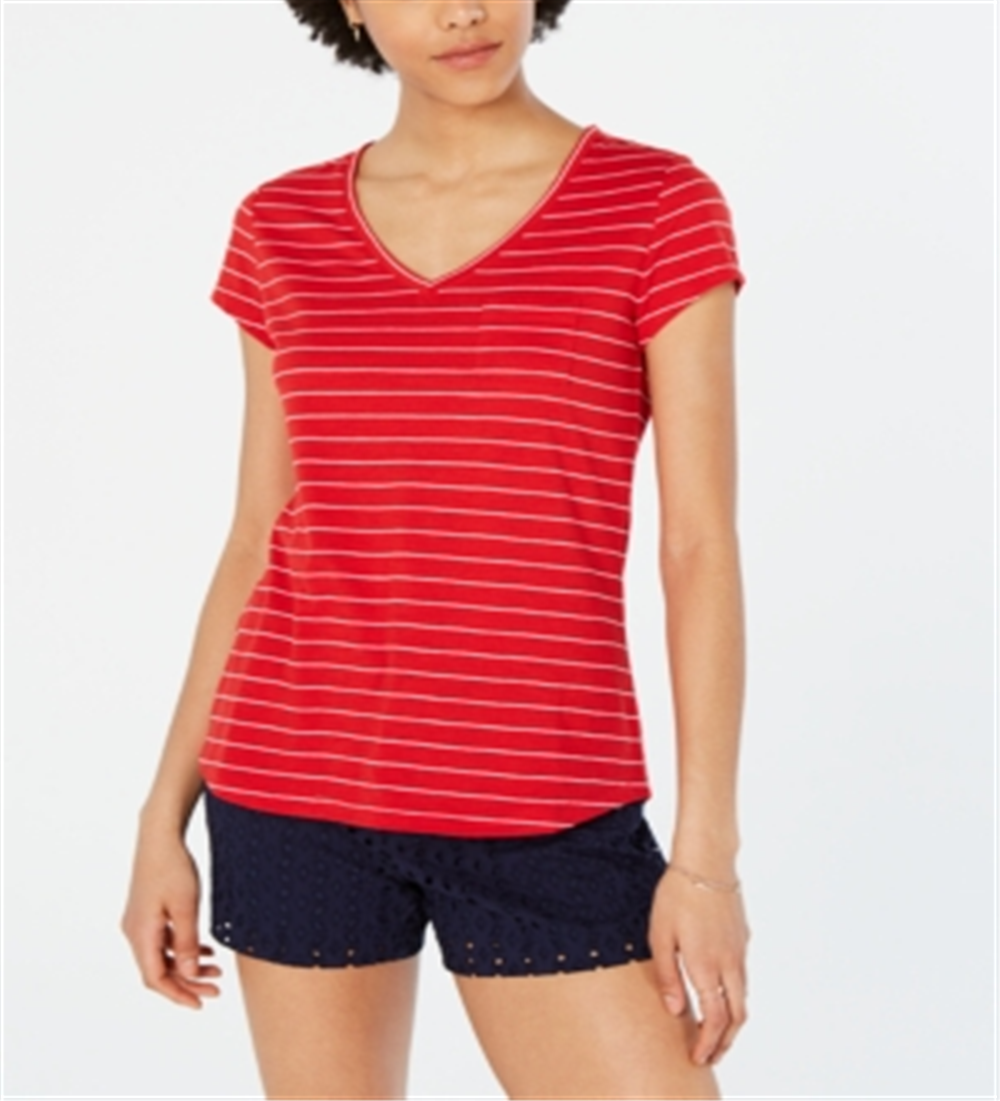 Maison Jules Women's Striped V Neck Top Red Size X-Large