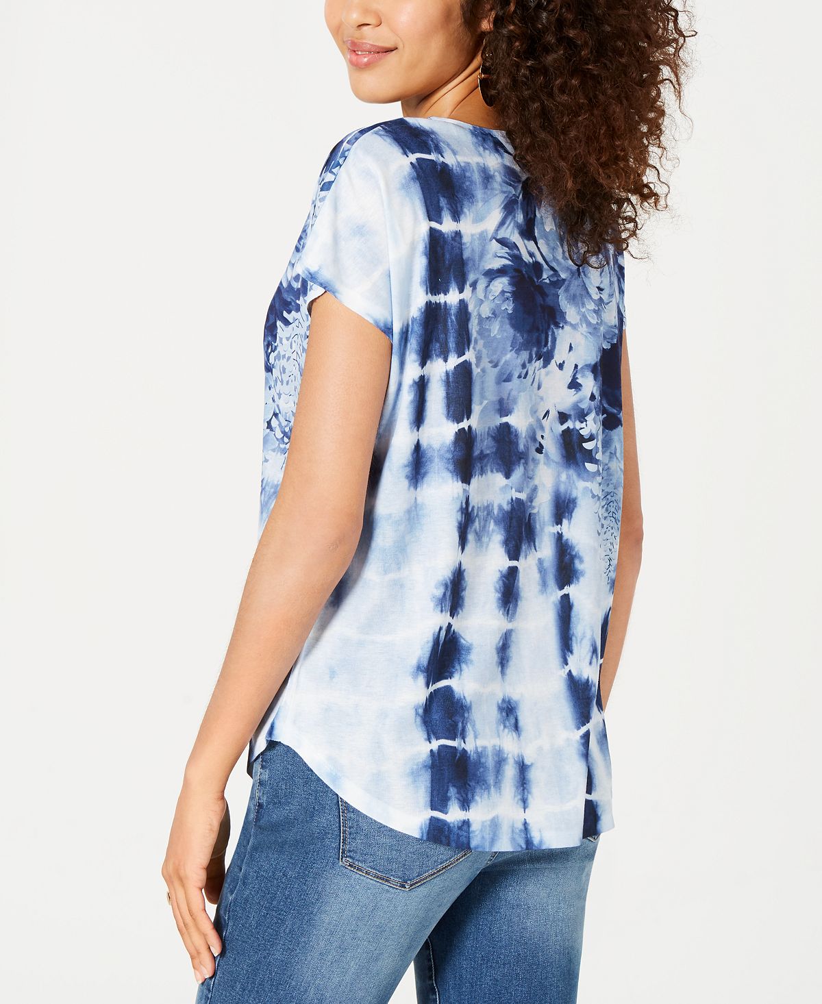 Style & Co Women's Floral Print Tie Dyed Top Blue Size Small
