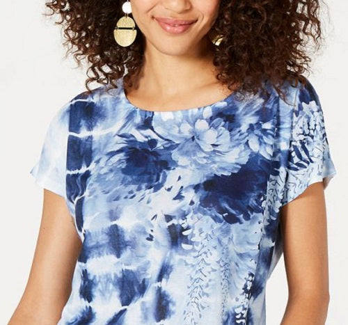 Style & Co Women's Floral Print Tie Dyed Top Blue Size Small