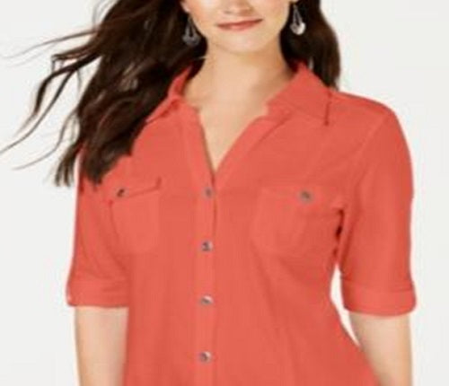 Style & Co Women's Jersey Utility Shirt Red Size Petite