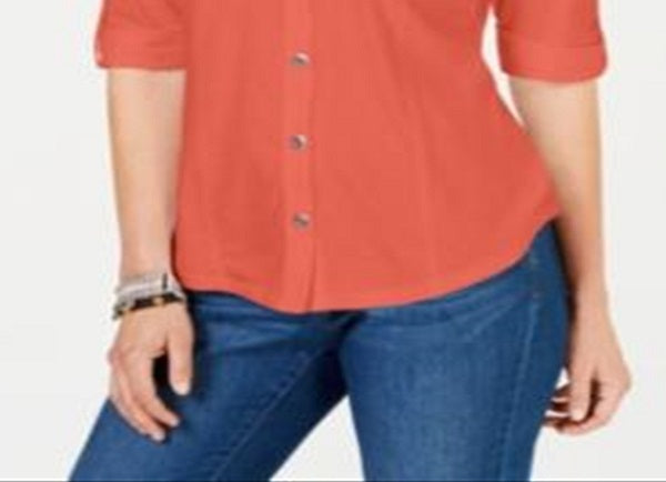 Style & Co Women's Jersey Utility Shirt Red Size Petite