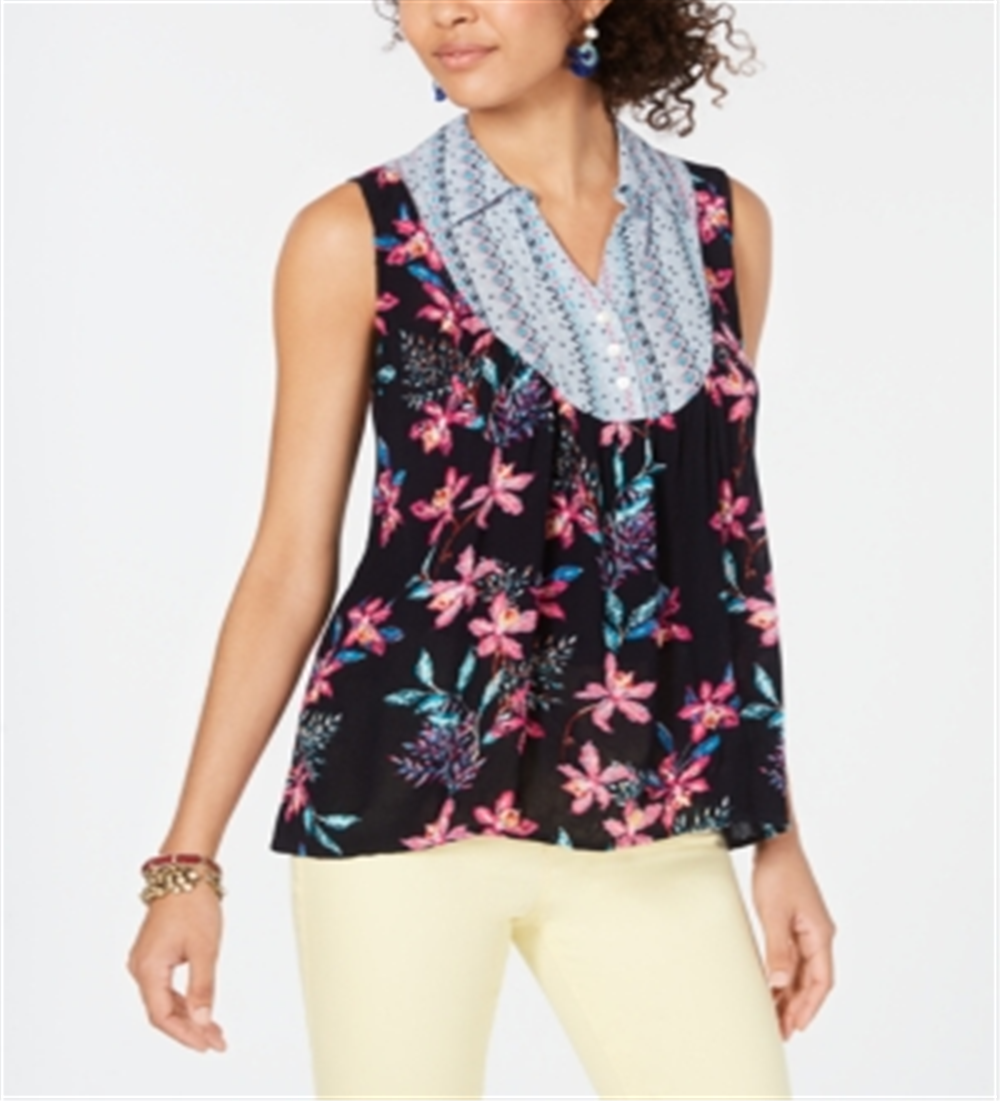 Style & Co Women's Hibiscus Mixed Media Top Size Medium