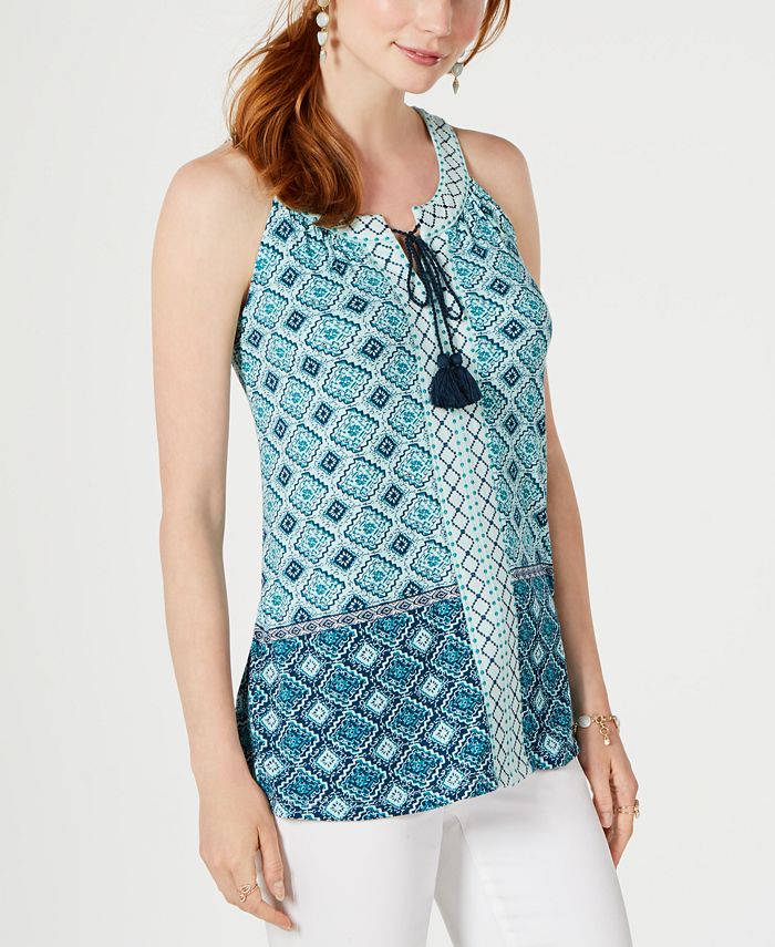 Style & Co Women's Knit Tassel Tie Neck Tile Printed Top Blue Size X-Small