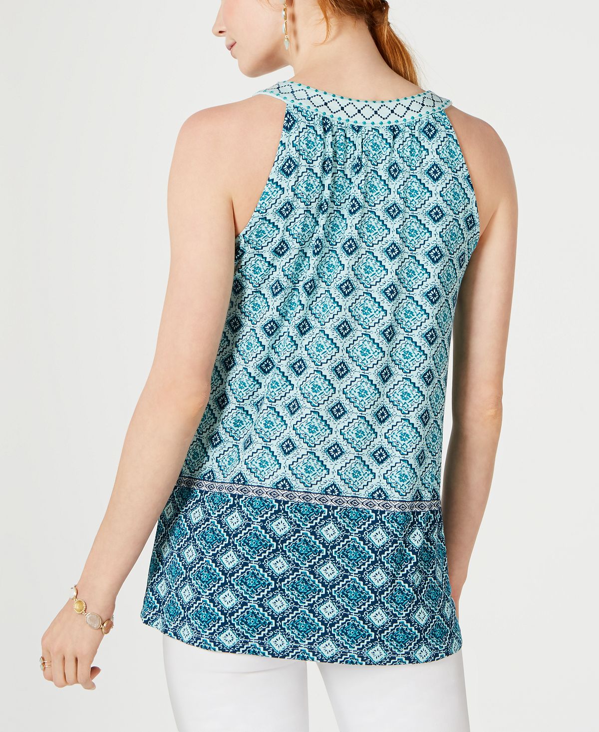 Style & Co Women's Knit Tassel Tie Neck Tile Printed Top Blue Size X-Small