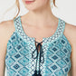 Style & Co Women's Knit Tassel Tie Neck Tile Printed Top Blue Size X-Small