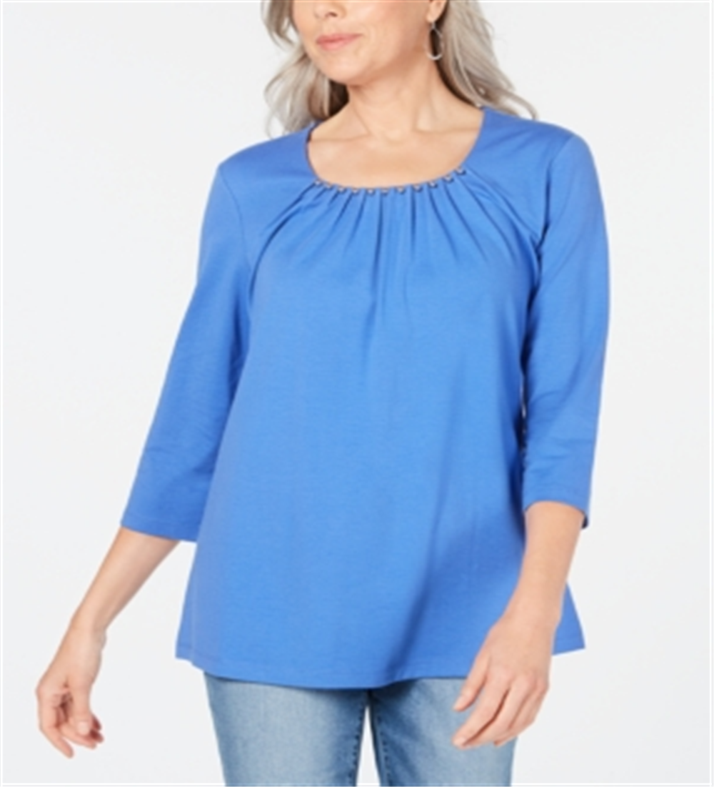 Karen Scott Women's Beaded Scoop Neck Top Blue Size X-Small
