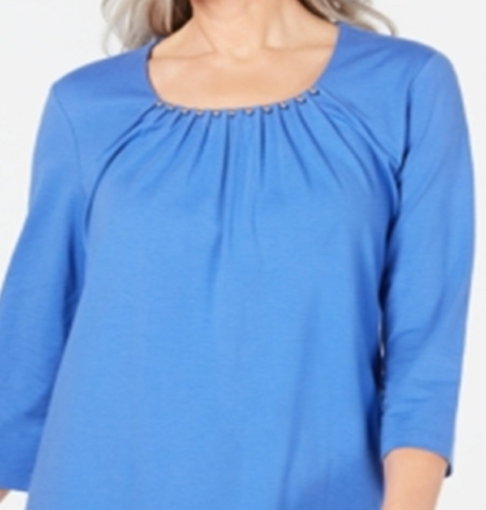 Karen Scott Women's Beaded Scoop Neck Top Blue Size X-Small
