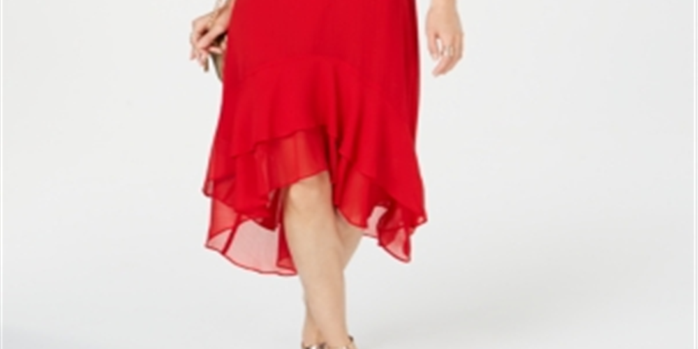 INC International Concepts Women's Short Sleeve Below the Knee Hi Lo Party Dress Red Size 6