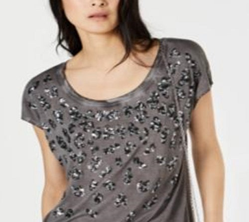 INC International Concepts Women's Sequined Animal Print Pullover Top Gray Size Small