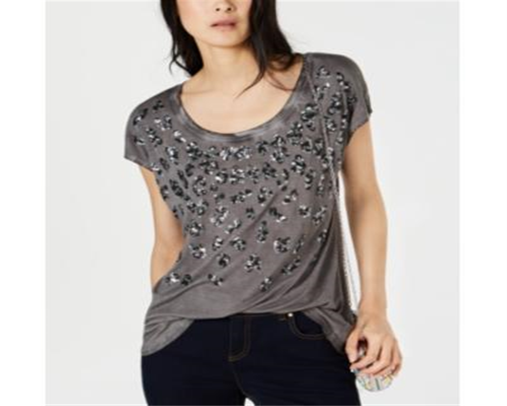 INC International Concepts Women's Sequined Animal Print Pullover Top Gray Size Small