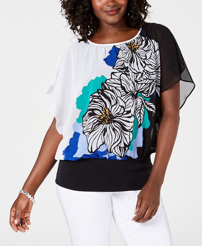 JM Collection Women's Printed Flutter Sleeve Top Black Size Petite