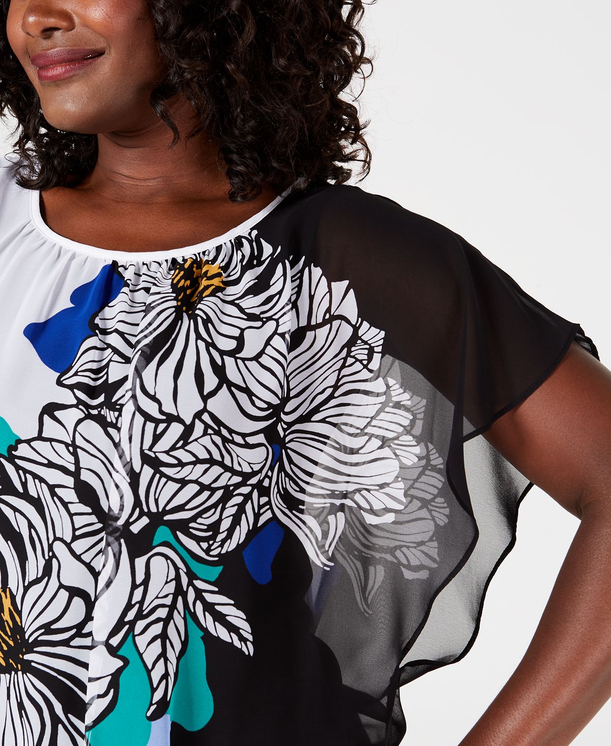 JM Collection Women's Printed Flutter Sleeve Top Black Size Petite