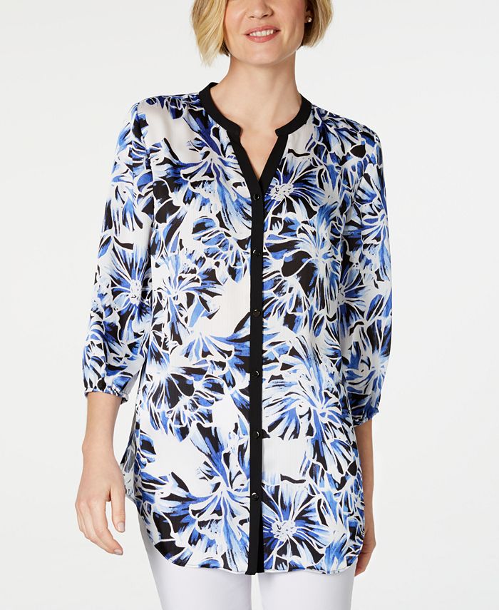 JM Collection Women's Contrast Trim Button Closures Printed Split Wear to Work Blouse Blue Size Petite Small