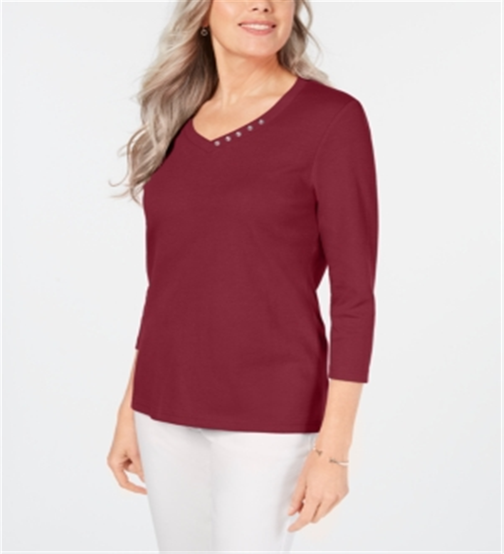 Karen Scott Women's Cotton V Neck Button Trim Top Red Size Small