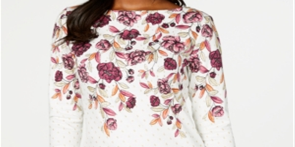 Karen Scott Women's Floral Print Beaded Top White Size S