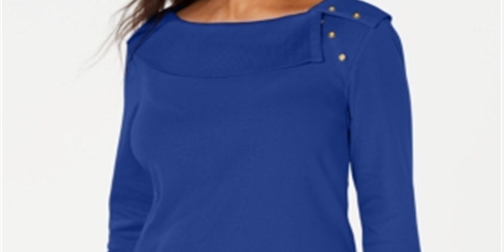 Karen Scott Women's Cotton Shawl Collar Button Top Blue Size Large
