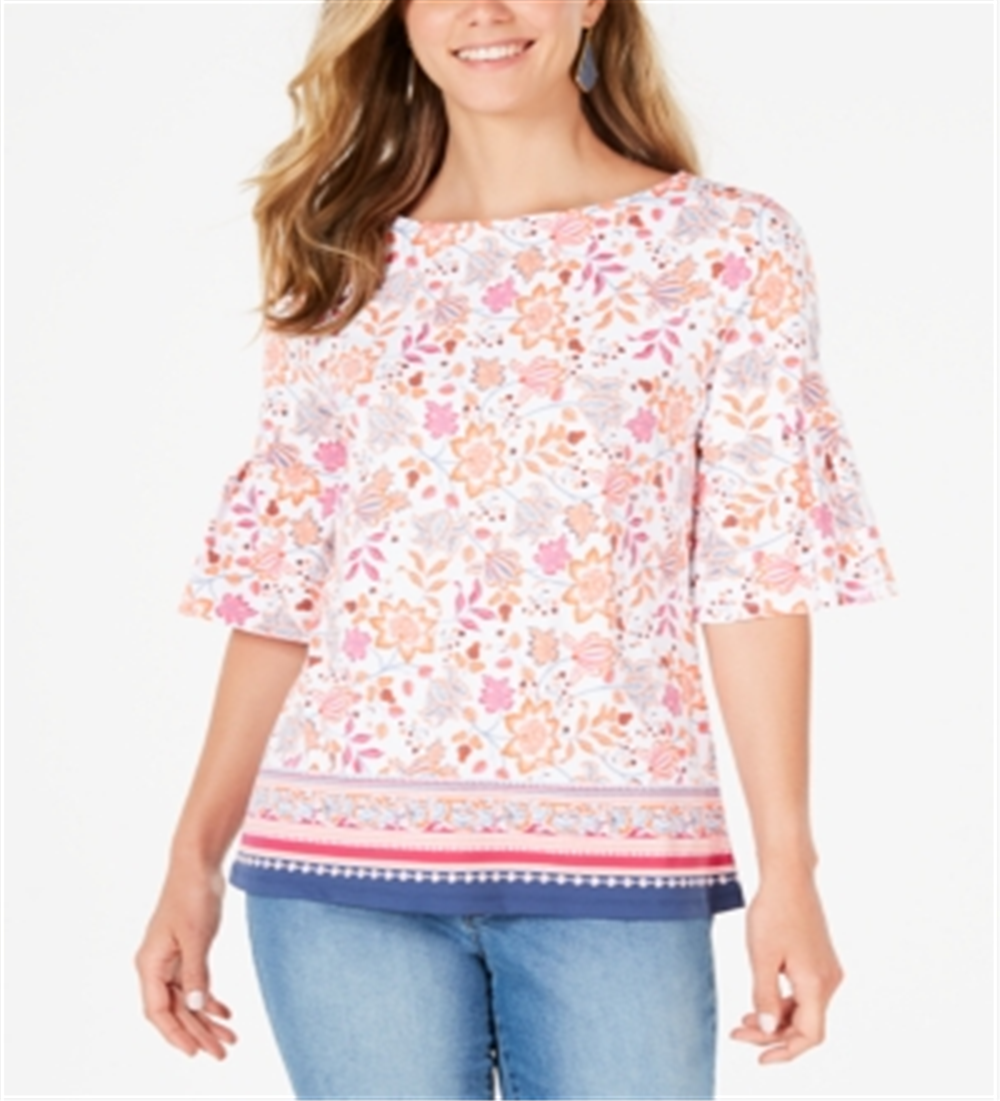 Charter Club Women's Printed Bell Sleeve Top White Size XX-Large