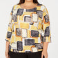 JM Collection Women's 3/4 Sleeve Printed Jacquard Top Yellow Size Medium