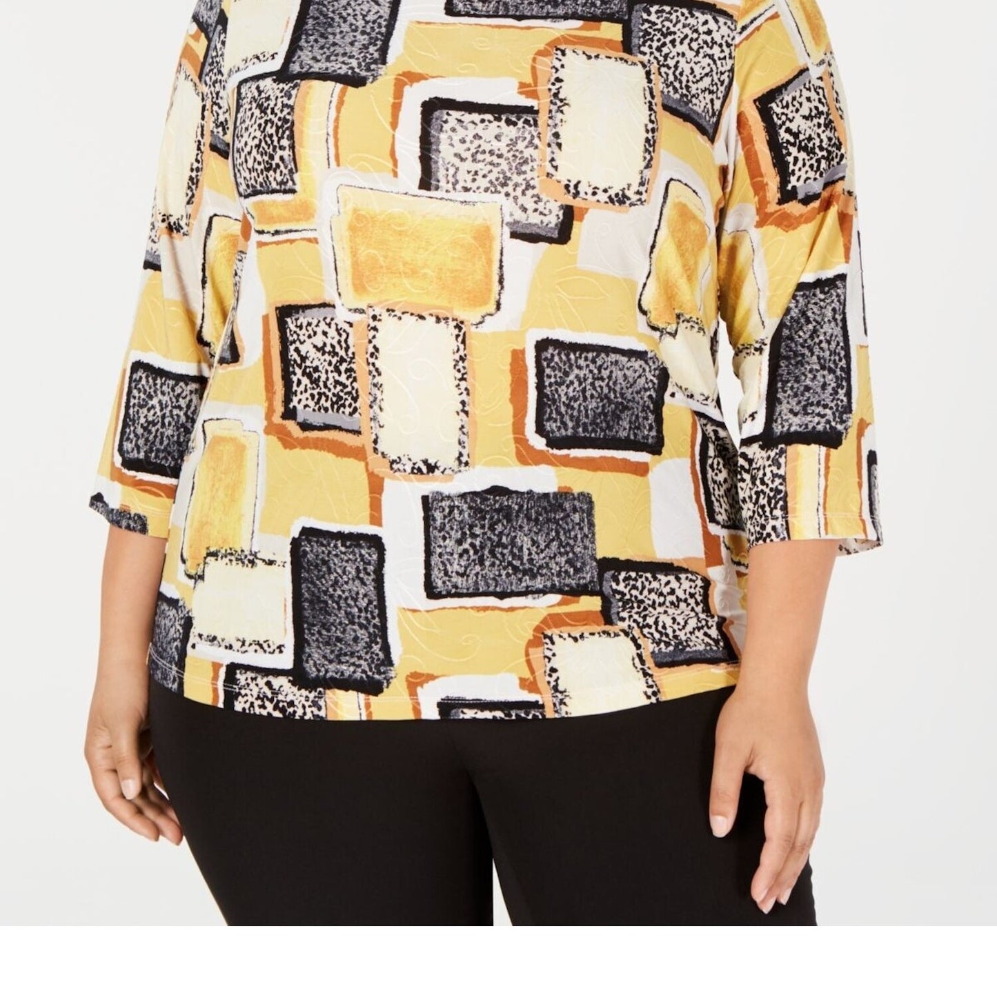 JM Collection Women's 3/4 Sleeve Printed Jacquard Top Yellow Size Medium