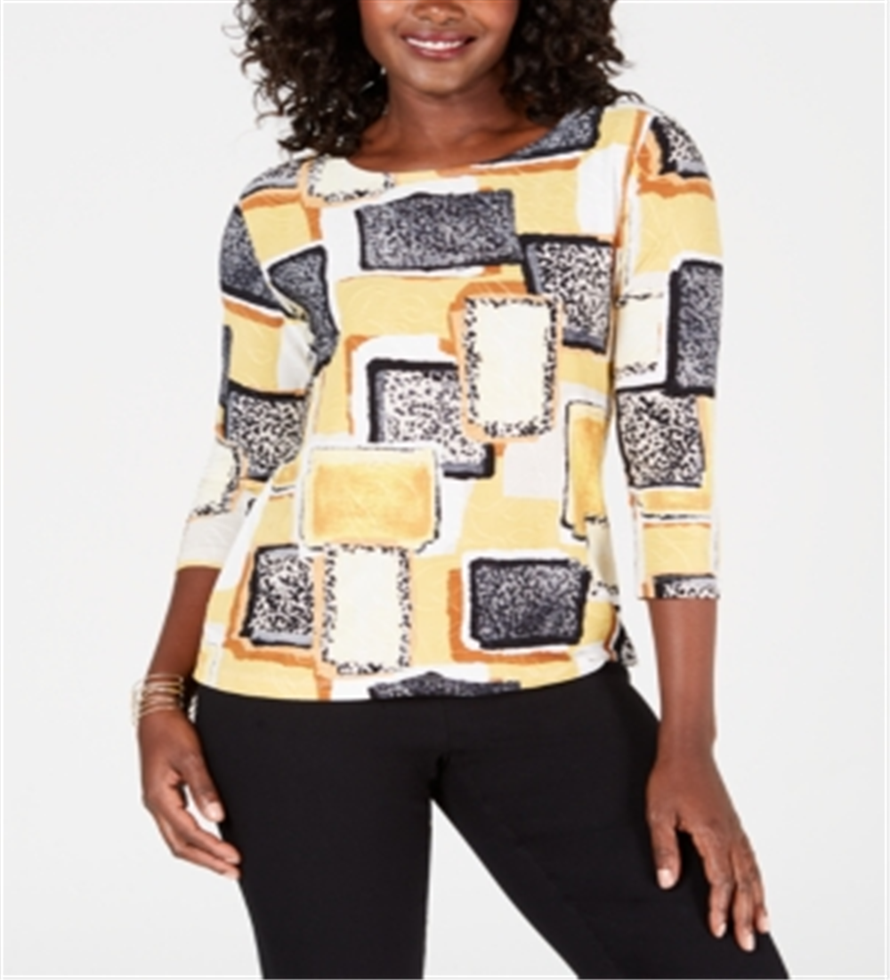 JM Collection Women's 3/4 Sleeve Printed Jacquard Top Yellow Size Medium