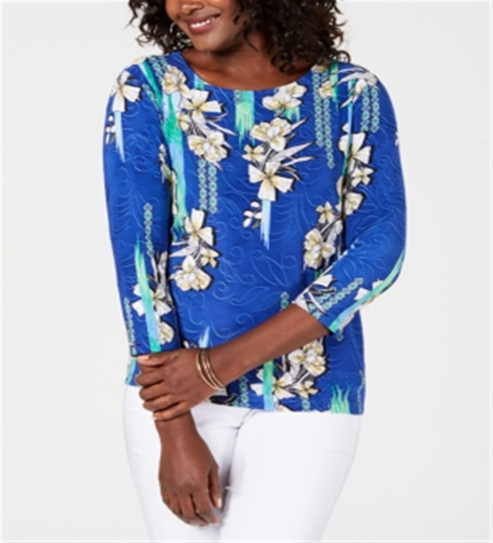 JM Collection Women's 3/4 Sleeve Printed Jacquard Top Blue Size Small