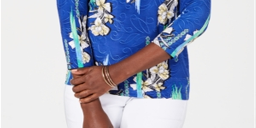 JM Collection Women's 3/4 Sleeve Printed Jacquard Top Blue Size Small