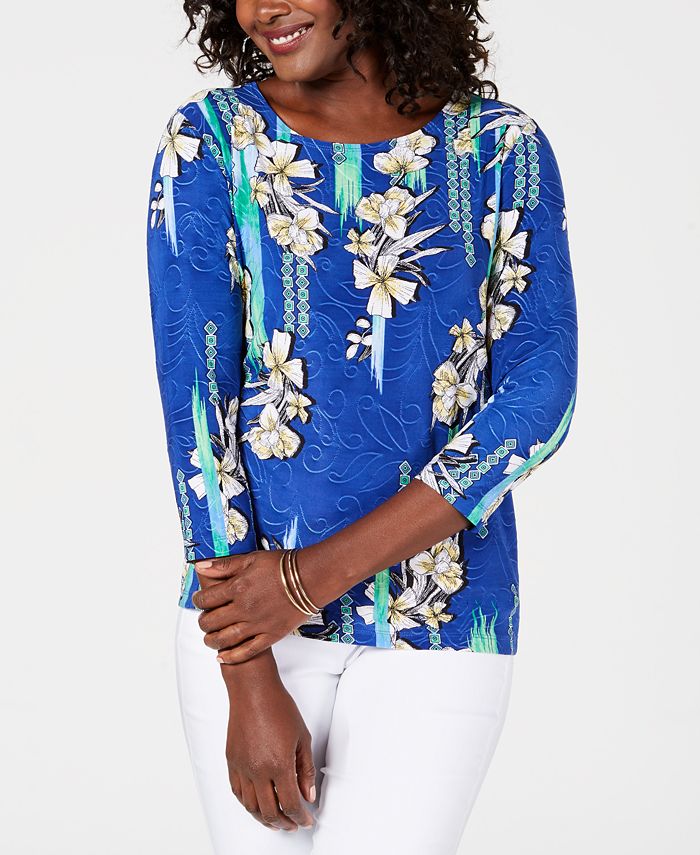 JM Collection Women's 3/4 Sleeve Printed Jacquard Top Blue Size Medium