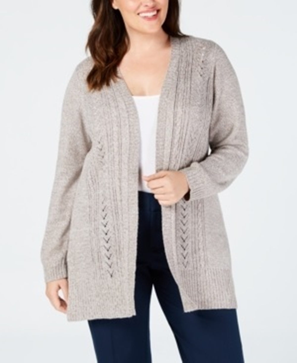Karen Scott Women's Pointelle Open Front Cardigan Brown Size 2X