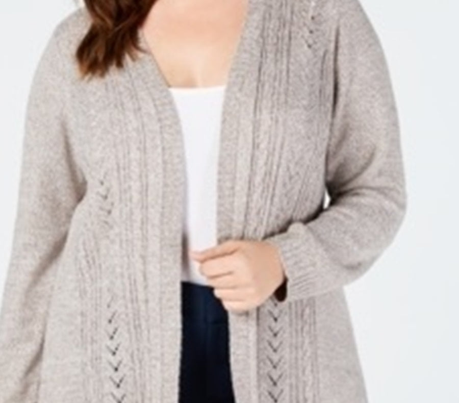 Karen Scott Women's Pointelle Open Front Cardigan Brown Size 2X