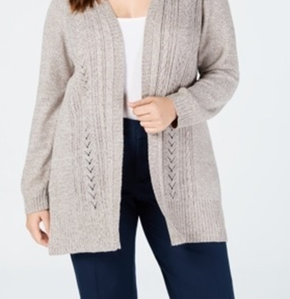 Karen Scott Women's Pointelle Open Front Cardigan Brown Size 2X