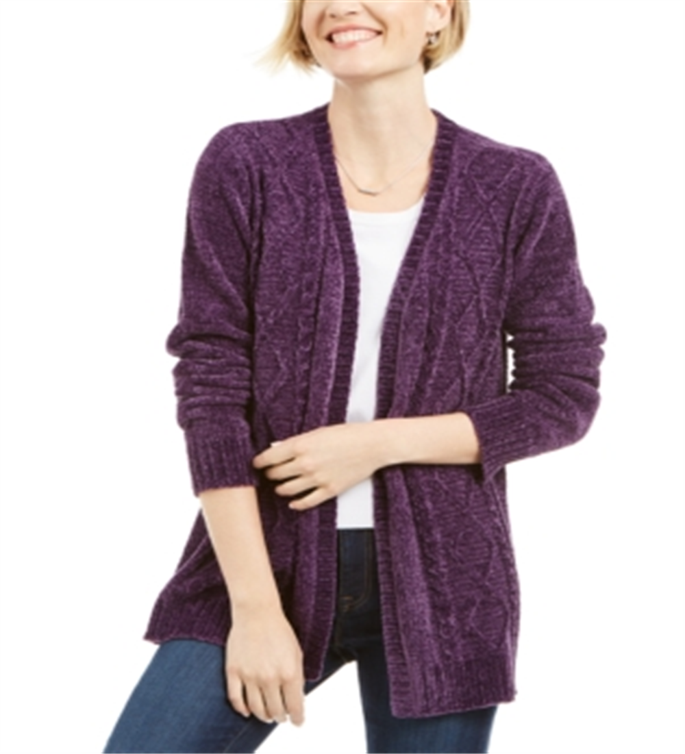 Karen Scott Women's Solid Long Sleeve Open Cardigan Sweater Purple Size Petite Large