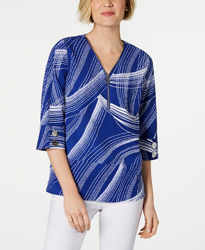 JM Collection Women's Printed Zip Front Crinkle Texture Top Blue Size Large